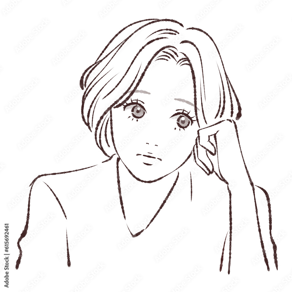 考える /悩む/落ち込む/凹む/悲しい/寂しい/やる気が出ない/更年期障害/頭痛/低気圧/熱/発熱/風邪/体調不良/PMS/生理/鬱/憂鬱/眠気/虚しい/不眠症/精神不安定/退屈/喪失感/考え事/妄想/不安/悩み/情緒不安定/女性のイラスト素材 考える /悩む/落ち込む/凹む/悲しい/寂しい/やる気が出ない/更年期障害/頭痛/低気圧/熱/発熱/風邪/体調不良/PMS/生理/鬱/憂鬱/眠気/虚しい/不眠症/精神不安定/退屈/喪失感/考え事/妄想/不安/悩み/情緒不安定/女性のイラスト素材