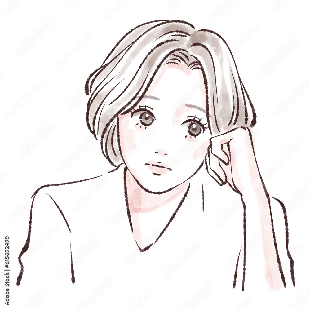 考える /悩む/落ち込む/凹む/悲しい/寂しい/やる気が出ない/更年期障害/頭痛/低気圧/熱/発熱/風邪/体調不良/PMS/生理/鬱/憂鬱/眠気/虚しい/不眠症/精神不安定/退屈/喪失感/考え事/妄想/不安/悩み/情緒不安定/女性のイラスト素材 考える /悩む/落ち込む/凹む/悲しい/寂しい/やる気が出ない/更年期障害/頭痛/低気圧/熱/発熱/風邪/体調不良/PMS/生理/鬱/憂鬱/眠気/虚しい/不眠症/精神不安定/退屈/喪失感/考え事/妄想/不安/悩み/情緒不安定/女性のイラスト素材