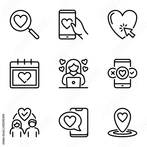 online dating line icons set. like, relationship, search, conversation, calendar, chat, meeting, romance, support, date, social, application, media, bubble, letter, message