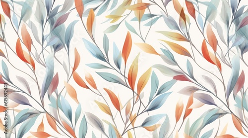 Floral seamless pattern, multicolored Weeping Willow leaves on light grey background Generative AI