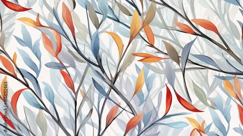 Floral seamless pattern, multicolored Weeping Willow leaves on light grey background Generative AI © Suleyman