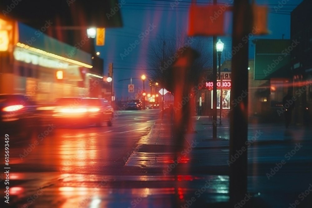 Fototapeta premium Blurred Street Film Photo. Vintage Aesthetic, Urban Night Scene, Defocused Bokeh Lights, Analog Nostalgia, Atmospheric Pedestrian Activity in Dark. Generative AI