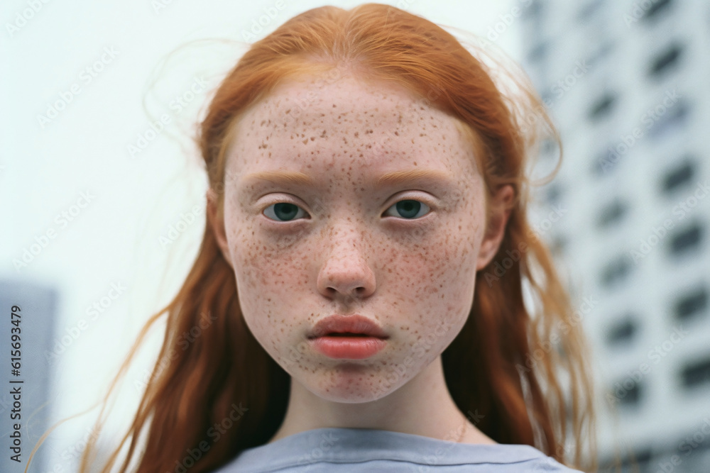 Fototapeta premium Beautiful close-up portrait of a young woman with red hair and freckles looking into the camera