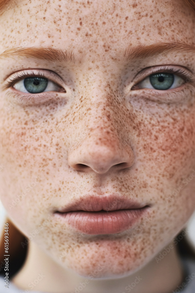 Beautiful close-up portrait of a young woman with red hair and freckles looking into the camera Beautiful close-up portrait of a young woman with red hair and freckles looking into the camera