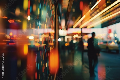 Blurred Street Film Photo. Vintage Aesthetic, Urban Night Scene, Defocused Bokeh Lights, Analog Nostalgia, Atmospheric Pedestrian Activity in Dark. Generative AI © overlays-textures