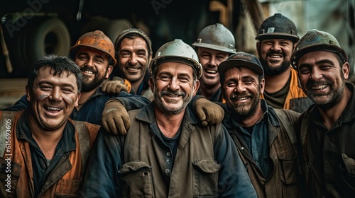 Group of happy workers at construction site. Generative Ai