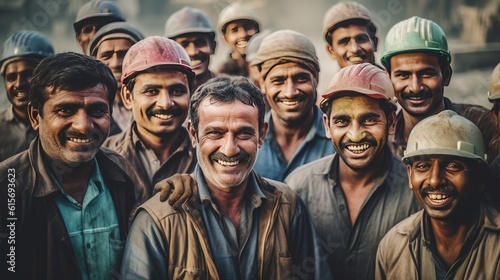 Group of happy workers at construction site. Generative Ai © tong2530