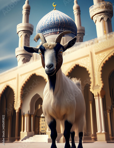 Hyper realistic goat standing in front of islamic mosque  photo
