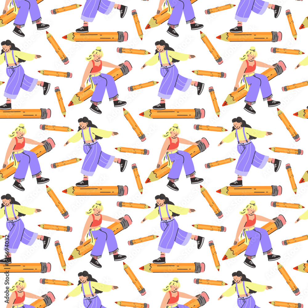 A pattern of different young people holding large pencils with a seamless pattern. Happy young students write, draw. The concept of education. Knowledge Day, September. Back to school. Vector