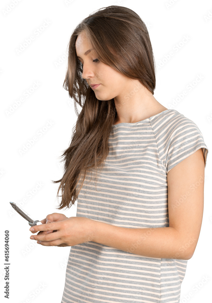 Close-up portrait of young woman with phone isolated on white background Close-up portrait of young woman with phone isolated on white background