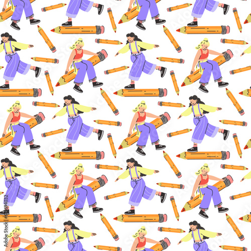 A pattern of different young people holding large pencils with a seamless pattern. Happy young students write  draw. The concept of education. Knowledge Day  September. Back to school. Vector