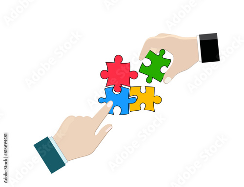 People move pieces of jigsaw puzzle for assembling. Business. Buildsng