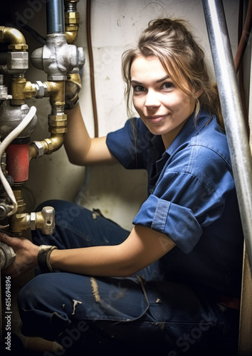 Woman plumber working near metal pipes indoor, female professional occupation. Generative AI