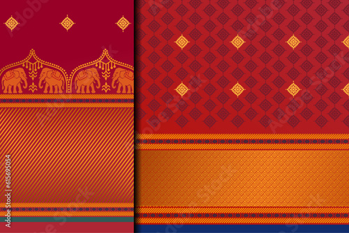 Indian Pattu Sari Vector pattern. Traditional handmade Indian silk sari /saree with golden details, women wear during festivals, ceremonies, and weddings.