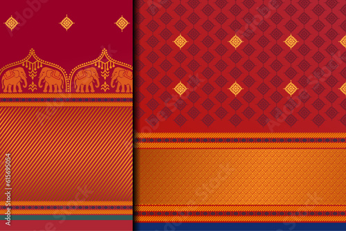Indian Pattu Sari Vector pattern. 
Traditional handmade Indian silk sari /saree with golden details, women wear during festivals, ceremonies, and weddings.