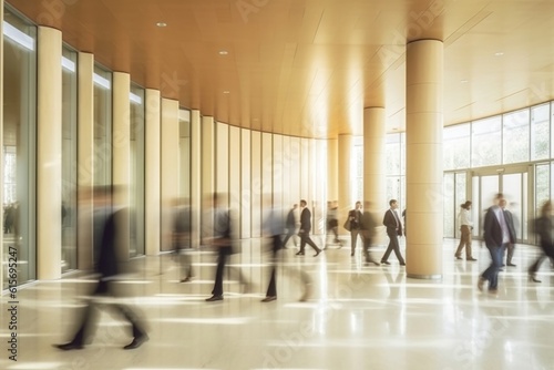 Blurred motion of group of people walking along corridor in business office, generative AI