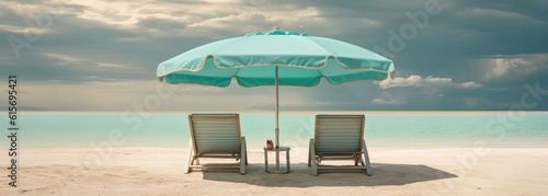 Two sun loungers under an umbrella by the sea