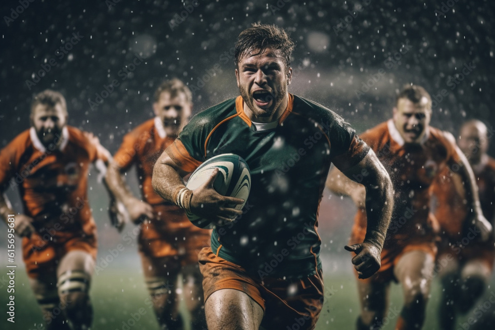 Rugby sportsman players with ball in action on stadium under lights. Emotional team under rain, splash drops. Rugby sportsman players with ball in action on stadium under lights. Emotional team under rain, splash drops.