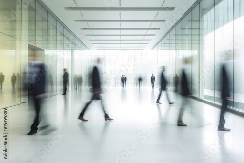 Blurred motion of group of people walking along the hall of office building, generative AI
