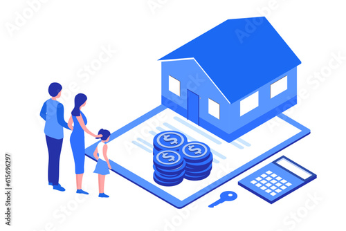 Home loan, refinance, real estate and property mortgage concept. Family with child buy home and sign  contract with banker vector illustration

