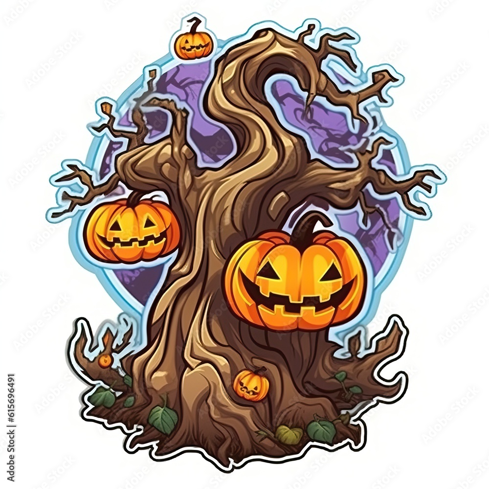 Illustration jack o lantern on the wooden tree isolated on white made with Generative AI