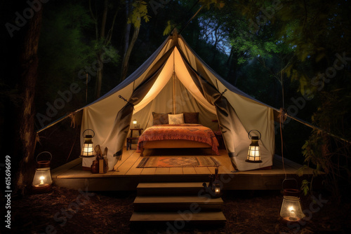 luxury tent light glamping travel camping nature canvas forest vacation. Generative AI. © SHOTPRIME STUDIO