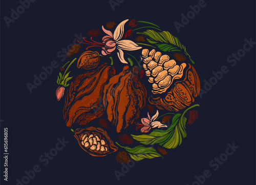 Cocoa round symbol. Organic chocolate. Aroma fruit