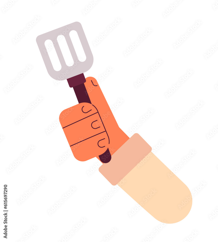 Chef hand hold spatula flat semi flat colour vector object. Cooking utensil. Kitchen tool. Editable cartoon clip art icon on white background. Simple spot illustration for web graphic design Chef hand hold spatula flat semi flat colour vector object. Cooking utensil. Kitchen tool. Editable cartoon clip art icon on white background. Simple spot illustration for web graphic design