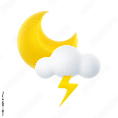 3D Cartoon Weather Icon of Night Thunderstorm. Sign of Cloud, Crescent Moon, and Lightning Isolated on White Background. Vector Illustration of 3d Render.