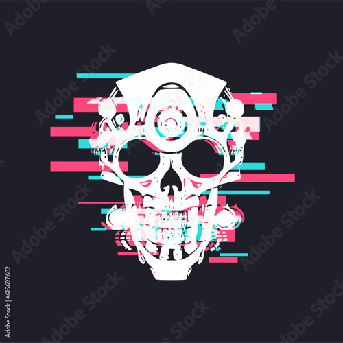 Cyberpunk Glitched Cyborg Skull Artwork, Grunge Style illustration
