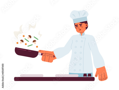 Skilled chef flipping vegetables semi flat colorful vector character. Editable half body caucasian cooking person on white. Simple cartoon spot illustration for web graphic design