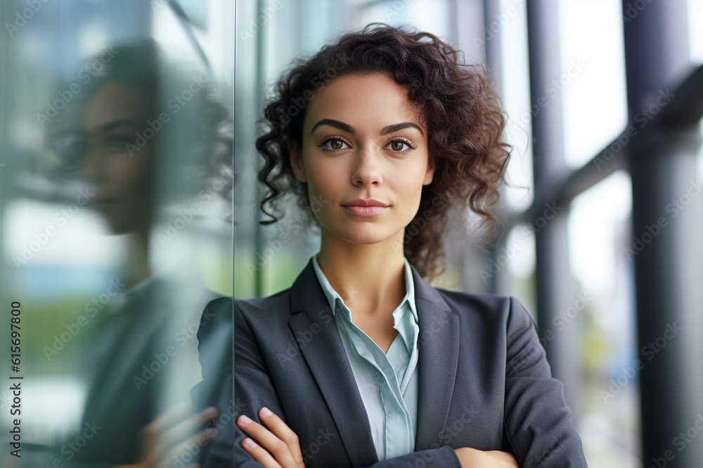 portrait of a business woman in a suit with curly hair surrounded by big tech windows portrait of a business woman in a suit with curly hair surrounded by big tech windows