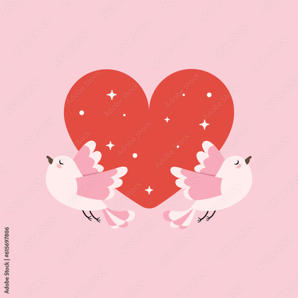 Couple birds with red heart vector, Two birds flying with love concept.