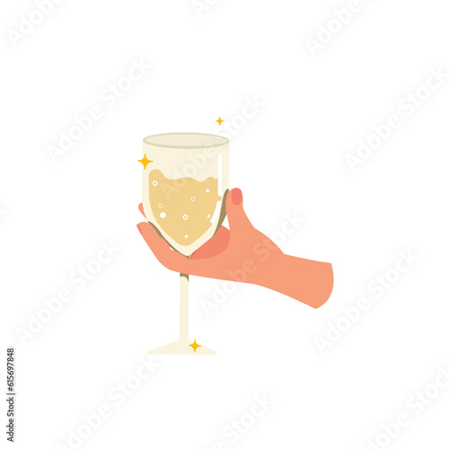 Hand holding glasses of champagne, Cheers and celebration with sparkling glasses of champagne or wine, Cocktail party.