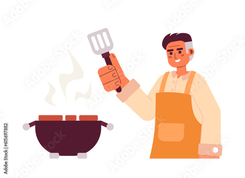 Adult man cooking on bbq grill semi flat colorful vector character. Editable half body caucasian cooking person on white. Simple cartoon spot illustration for web graphic design
