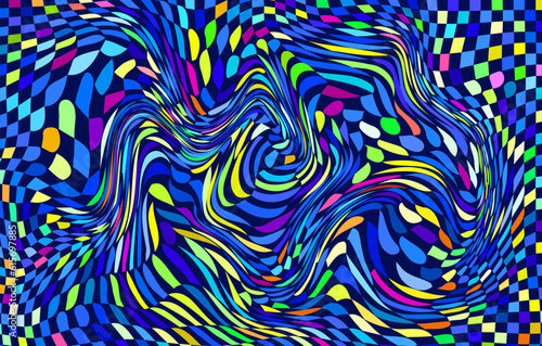 Distorted twisted checkered background. Trippy strip psychedelic pattern.