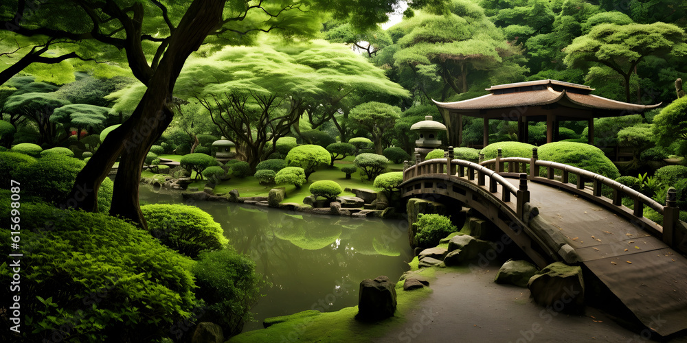 Fototapeta premium japanese garden with bridge and pond
