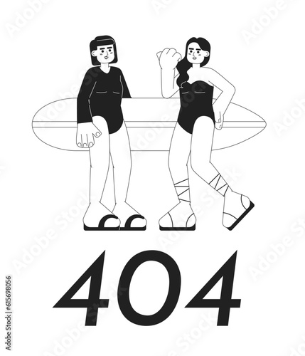 Young surfer girls with surfboard on beach black white error 404 flash message. Monochrome empty state ui design. Page not found popup cartoon image. Vector flat outline illustration concept
