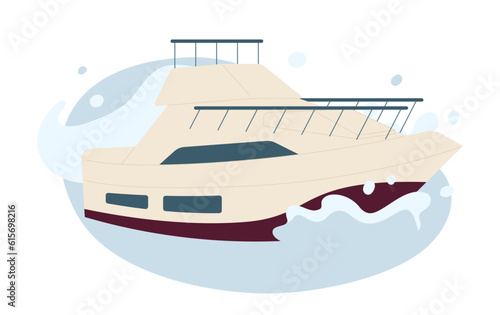 Luxury yacht on water semi flat colour vector object. Ocean splashing around boat. Yacht racing. Editable cartoon clip art icon on white background. Simple spot illustration for web graphic design