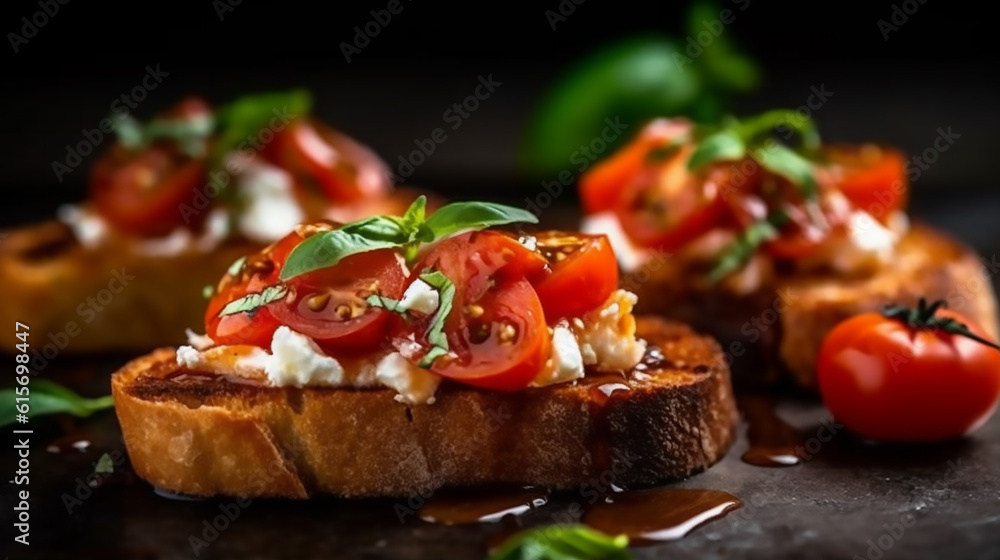 Create a realistic image of a Tomato and Basil Bruschetta. Create a realistic image of a Tomato and Basil Bruschetta.