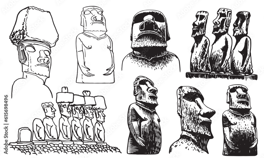 Graphical collection of moai statues isolated on white background