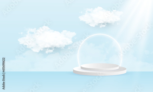 soft blue podium with clouds and lights