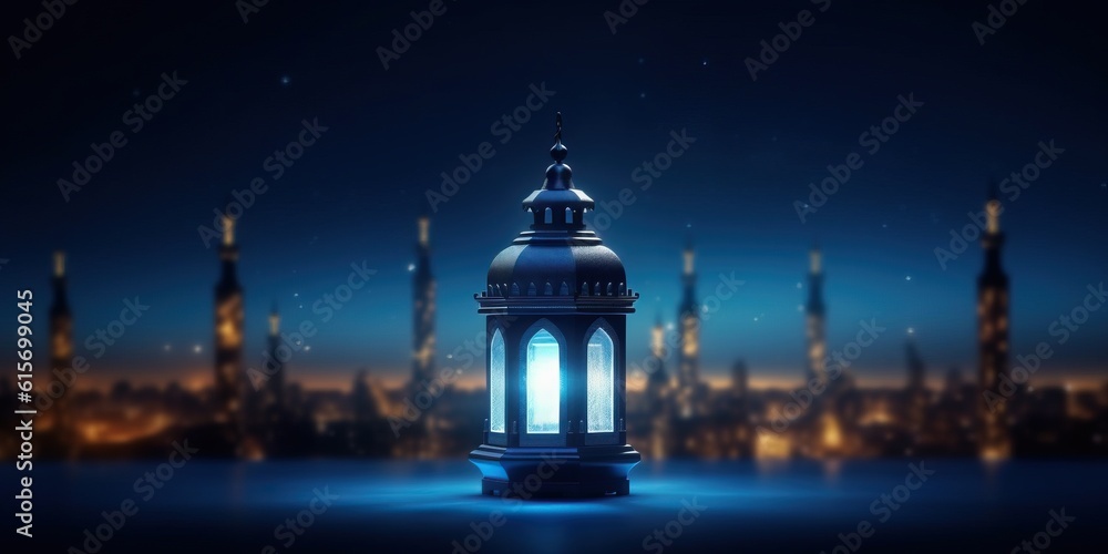 Illustration of an stunning arabic lantern with light exposure made with Generative AI