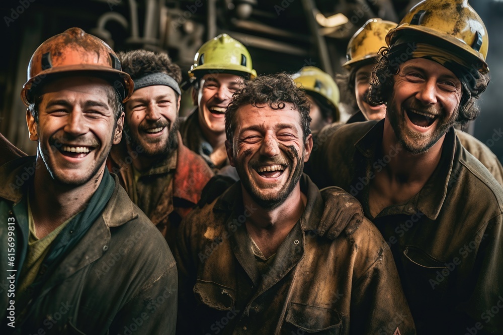 Happy of the workers at the refinery. realistic twilight. Generative Ai Happy of the workers at the refinery. realistic twilight. Generative Ai