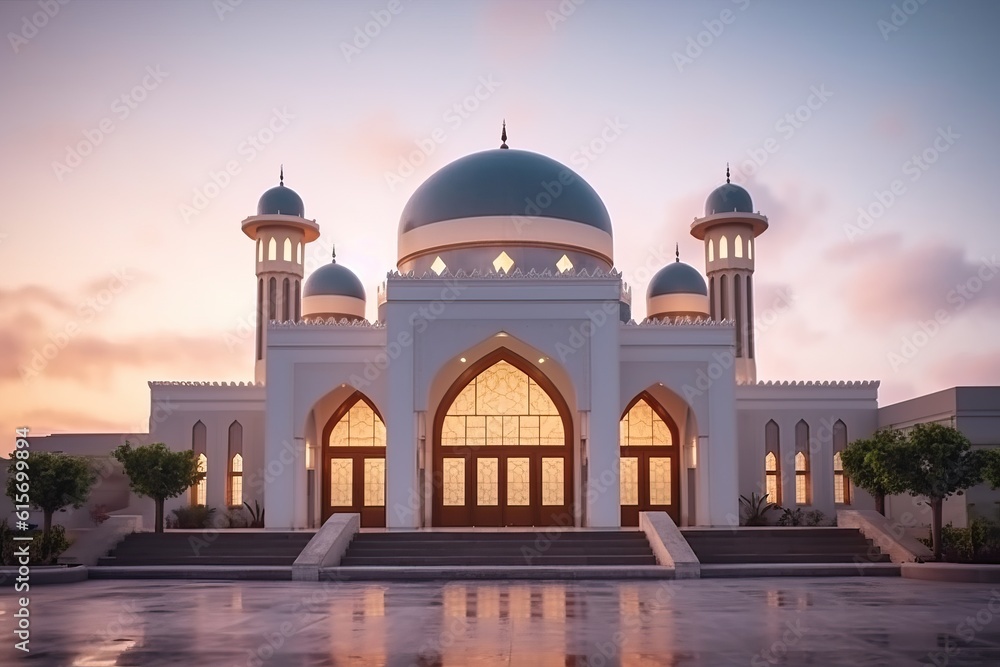 Beautiful serene mosque with light exposure made with Generative AI