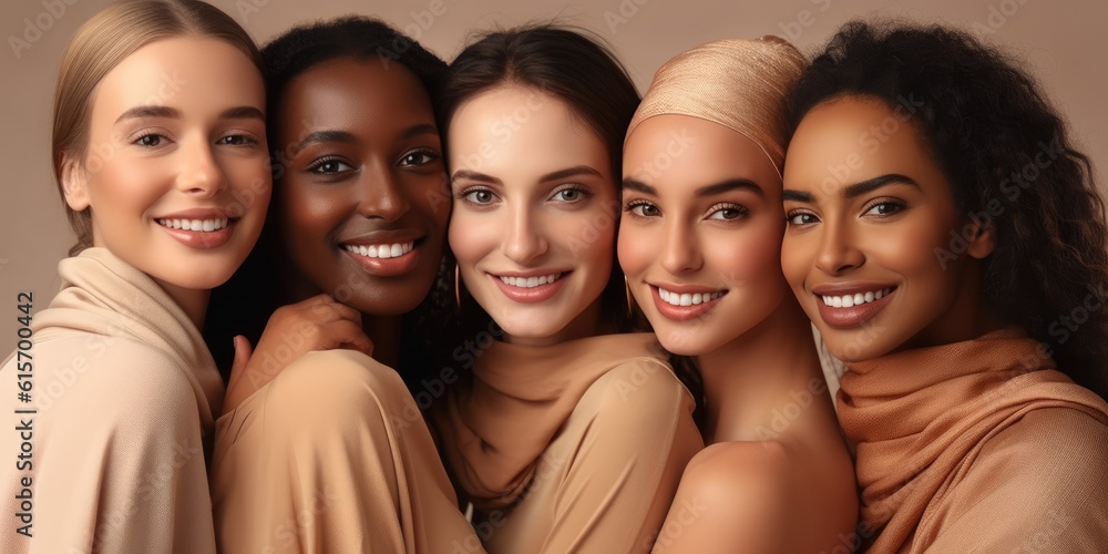 Skincare, diversity and women hug portrait for inclusivity, happiness and healthy skin texture. Interracial beauty and model group with woman smile for cosmetic campaign. Generative AI Skincare, diversity and women hug portrait for inclusivity, happiness and healthy skin texture. Interracial beauty and model group with woman smile for cosmetic campaign. Generative AI