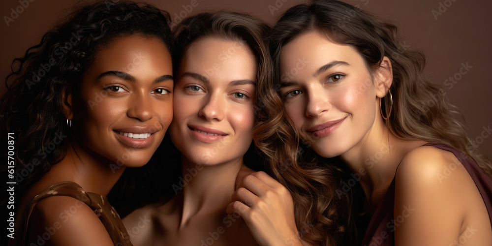 Skincare, diversity and women hug portrait for inclusivity, happiness and healthy skin texture. Interracial beauty and model group with woman smile for cosmetic campaign. Generative AI Skincare, diversity and women hug portrait for inclusivity, happiness and healthy skin texture. Interracial beauty and model group with woman smile for cosmetic campaign. Generative AI