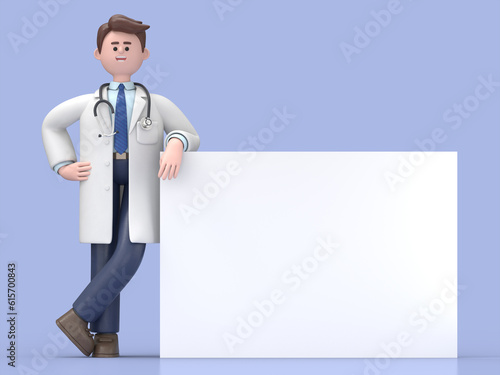 3D illustration of Male Doctor Lincoln  stands with his body leaning against white blank board. Portraits of cartoon characters stands with his body leaning against the display board and one arm resti photo