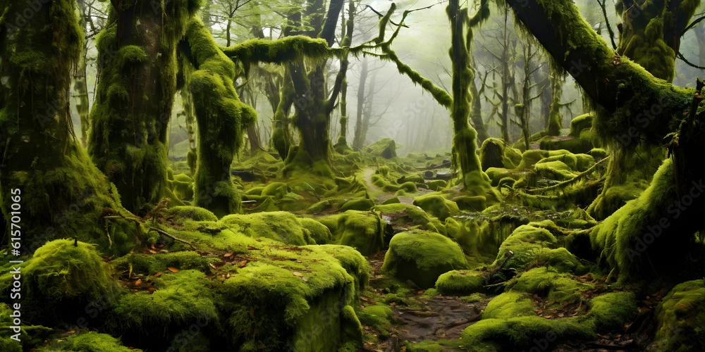 moss forest in the fog