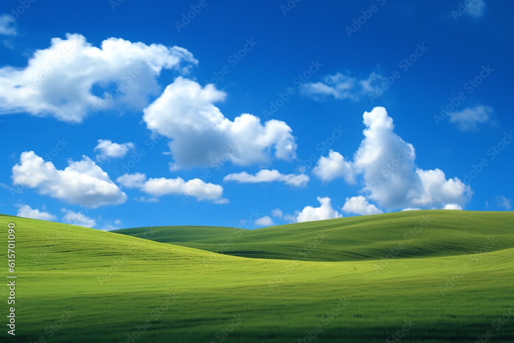 Green hills and blue sky, white clouds. Generative AI